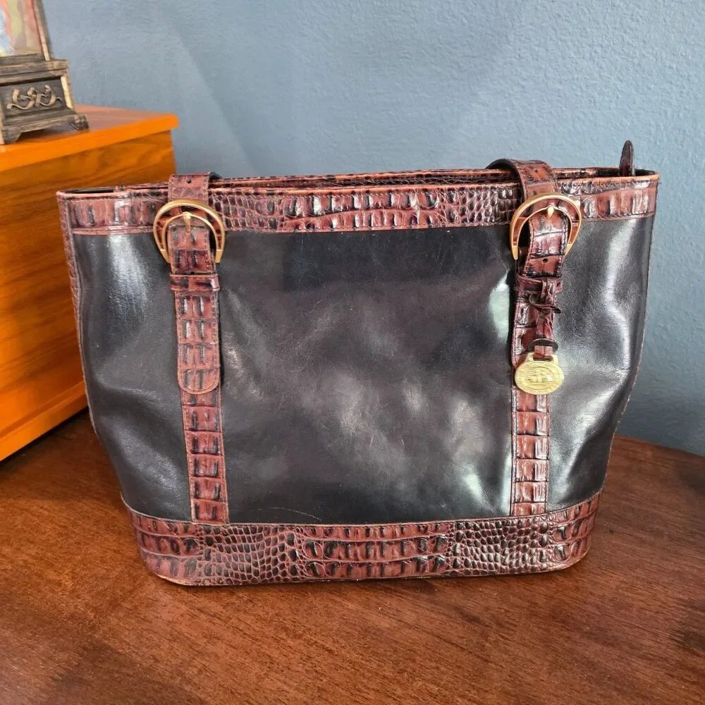 Brahmin Tuscan Croc Embossed Two toned Leather Shoulder Bag Purse AS IS